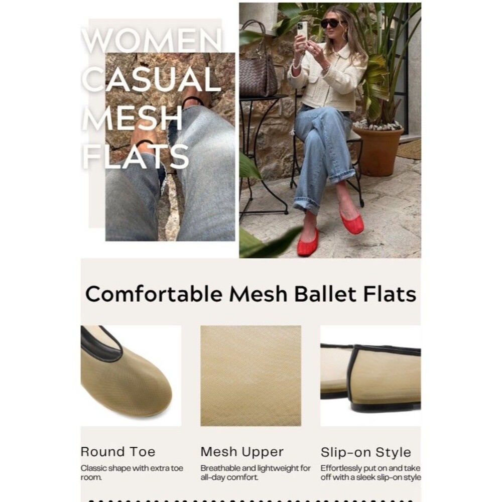 Mesh Ballet Flats for Women Round Toe Slip On Ballerina Mary Jane Shoes Size 8.5 - Picture 9 of 10